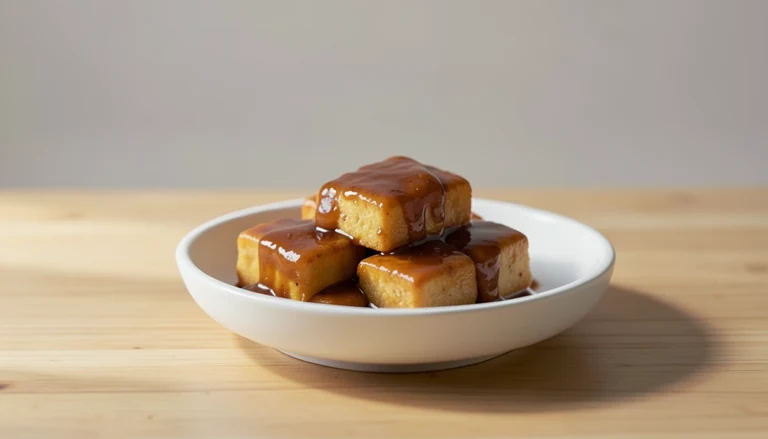 AI illustration of golden cooked tofu pieces in brown sauce