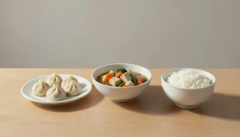 AI illustration of Illustration of closed pleated dumplings beside tofu and vegetables and white rice.