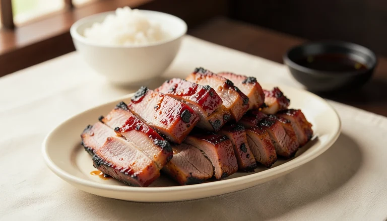 AI illustration of glazed barbecue pork with a separate bowl of rice