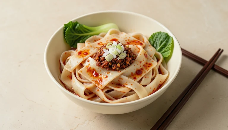 AI illustration of a bowl of broad noodles with greens and chile oil