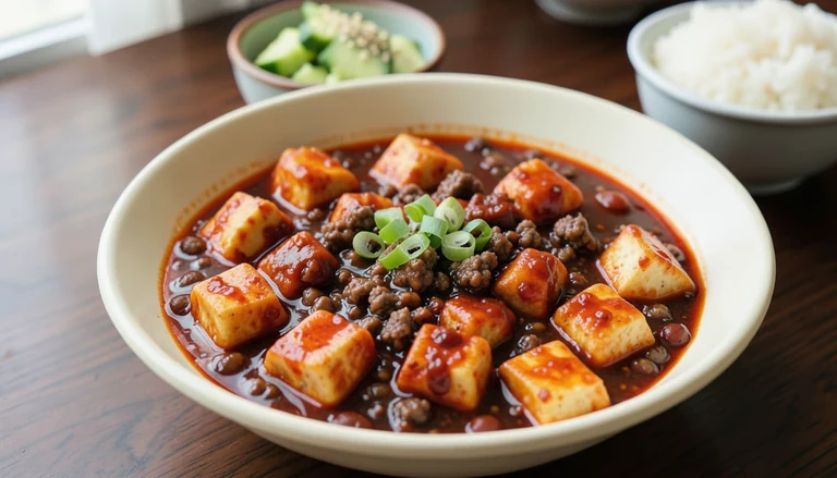 AI illustration of a Sichuan-inspired spread with tofu, vegetables and rice