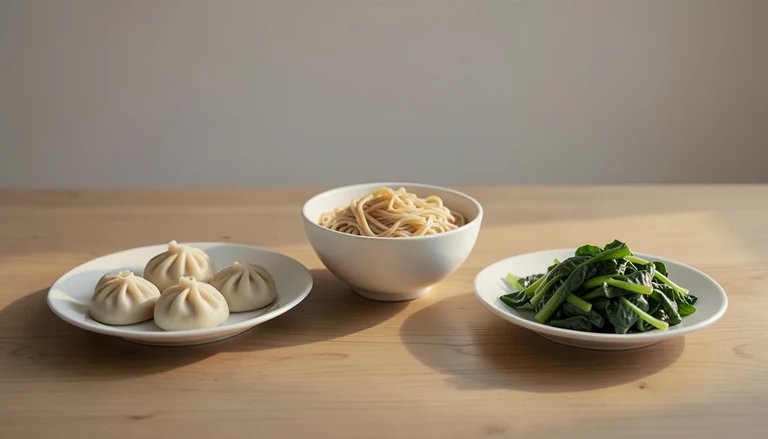 AI illustration of Illustration of a shared table with closed dumplings, noodles and greens.