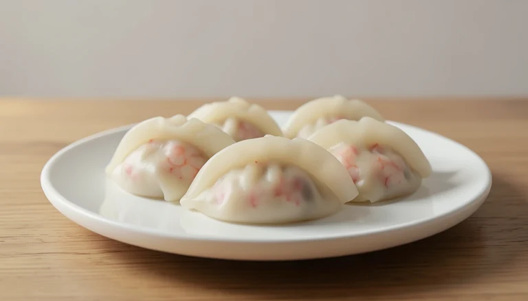 AI illustration of closed translucent crescent shrimp dumplings on a plain plate