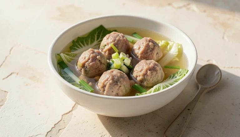 AI illustration of pork lion's head meatballs in broth with napa cabbage