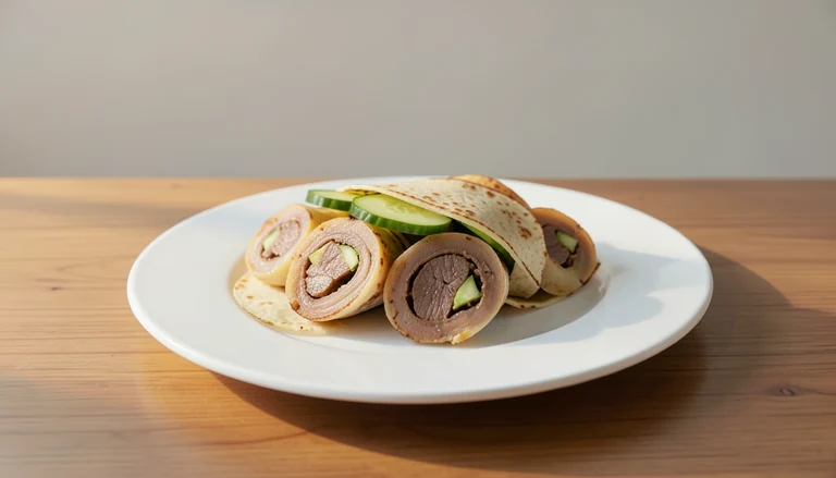 AI illustration of sliced rolls with cooked beef and cucumber