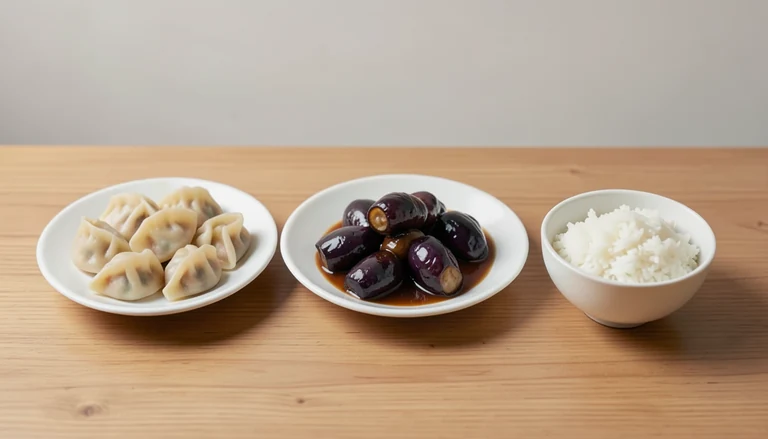 AI illustration of Illustration of a shared meal with closed dumplings, eggplant and rice.