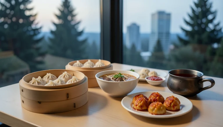 AI illustration of An imagined shared Chinese table: bamboo steamers of dumplings and rice noodle rolls, a bowl of beef noodle soup and a plate of chili-oil wontons in warm evening light, with no restaurant signage.
