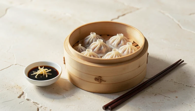 AI illustration of a steamer of pork soup dumplings with a dish of black vinegar and ginger