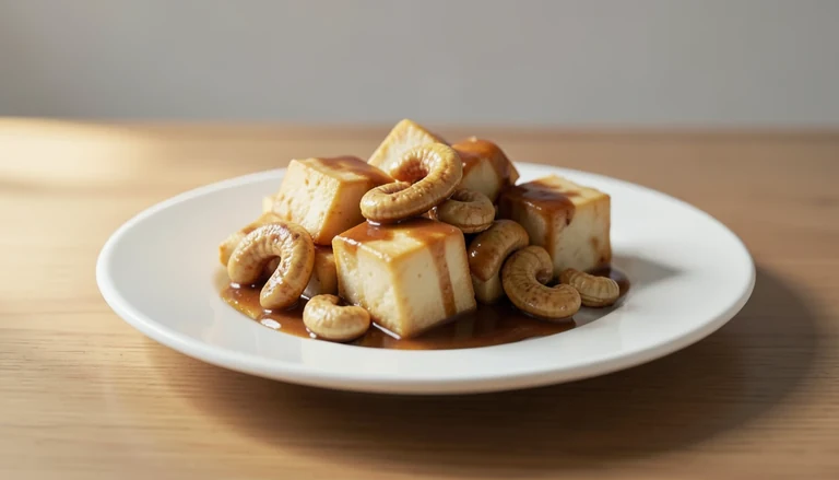 AI illustration of golden tofu cubes and cashews with brown sauce