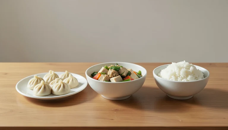 AI illustration of Illustration of pleated dumplings beside cooked tofu and vegetables and rice.