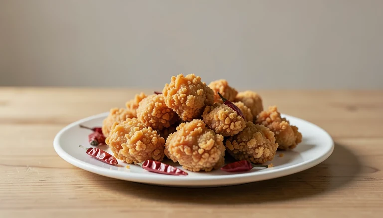 AI illustration of small cooked chicken pieces with red chiles