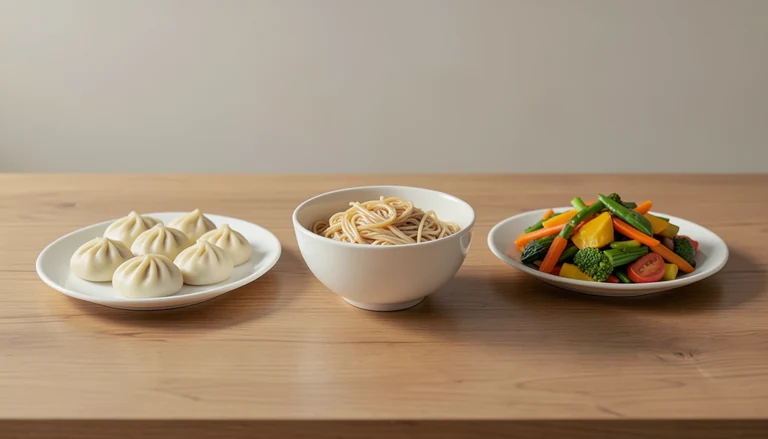 AI illustration of Illustration of closed dumplings, noodles and cooked mixed vegetables.