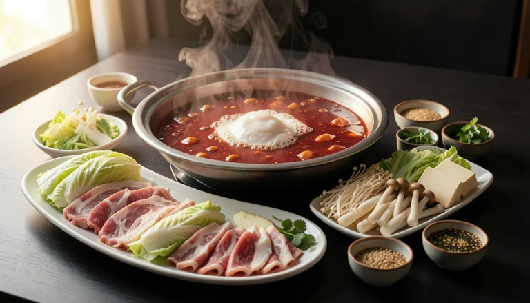 AI illustration of a bubbling hot pot with sliced lamb and vegetables