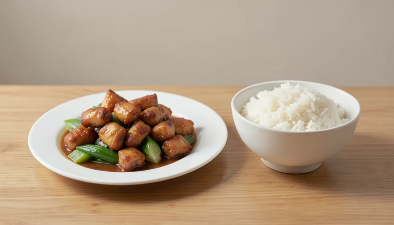 AI illustration of Generated food illustration of Wor Shu duck with cooked vegetables and white rice.