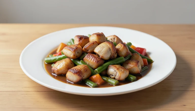 AI illustration of Generated food illustration of Wor Shu duck with cooked vegetables.