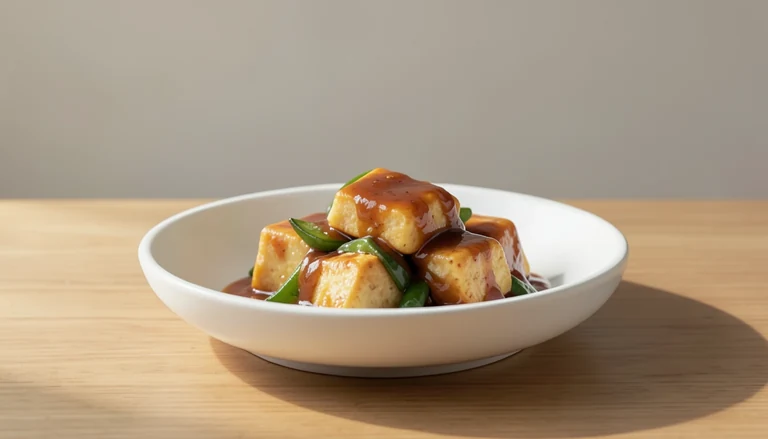 AI illustration of golden tofu cubes with cooked vegetables in brown sauce