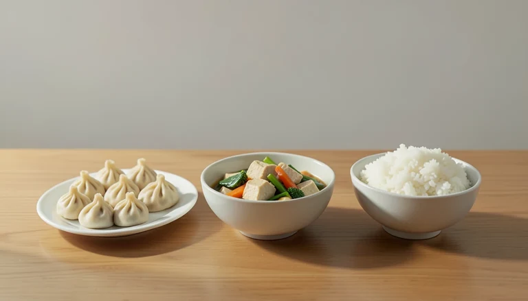 AI illustration of Illustration of closed pleated dumplings beside tofu and vegetables and rice.