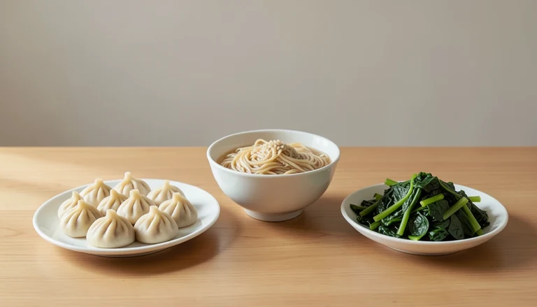 AI illustration of Illustration of a shared table with closed dumplings, noodles and cooked greens.