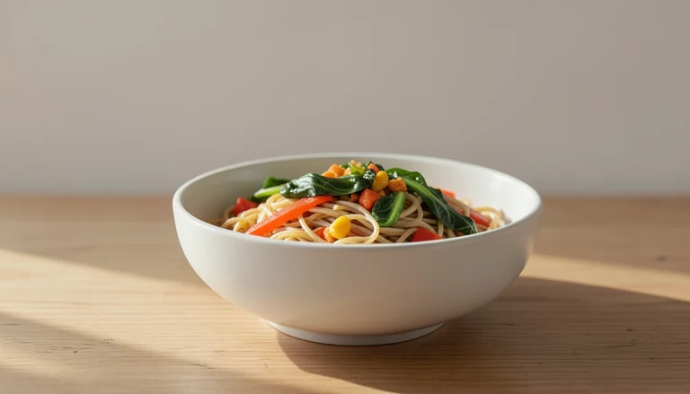 AI illustration of wheat noodles with mixed cooked vegetables and leafy greens