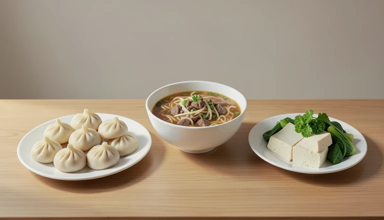 AI illustration of Illustration of a shared table with closed dumplings, beef noodle soup, tofu and greens.