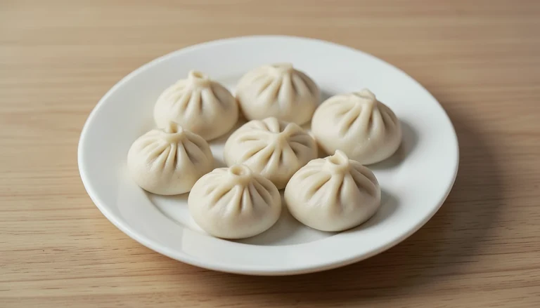AI illustration of round pleated soup dumplings on a plain plate