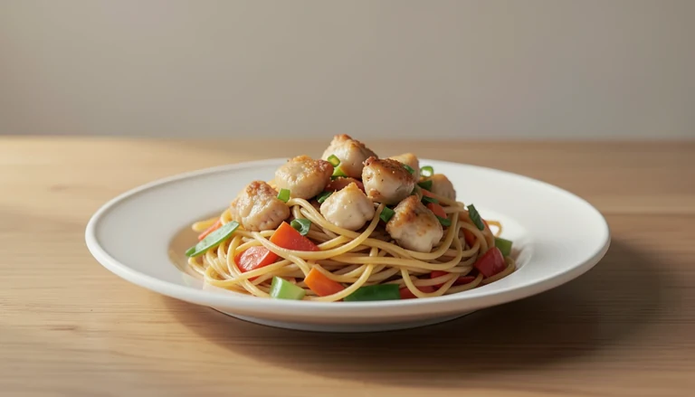 AI illustration of golden pan-fried noodles with small cooked chicken pieces and vegetables