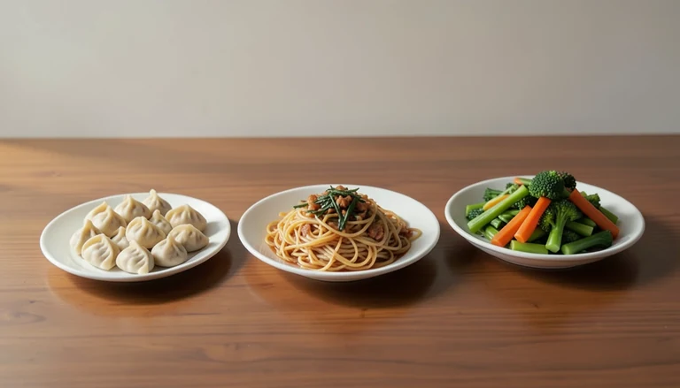 AI illustration of Illustration of a shared meal with dumplings, noodles and cooked vegetables.