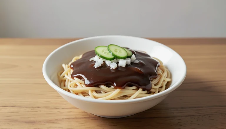 AI illustration of wheat noodles covered with smooth fermented-bean sauce and cucumber