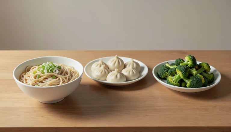 AI illustration of Illustration of a shared table with noodles, closed dumplings and broccoli.