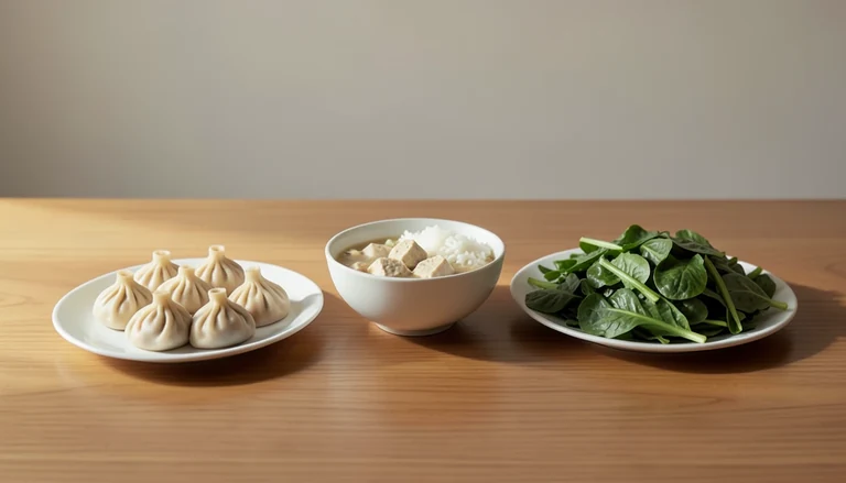 AI illustration of Illustration of a shared table with steamed dumplings, tofu and rice, and greens.
