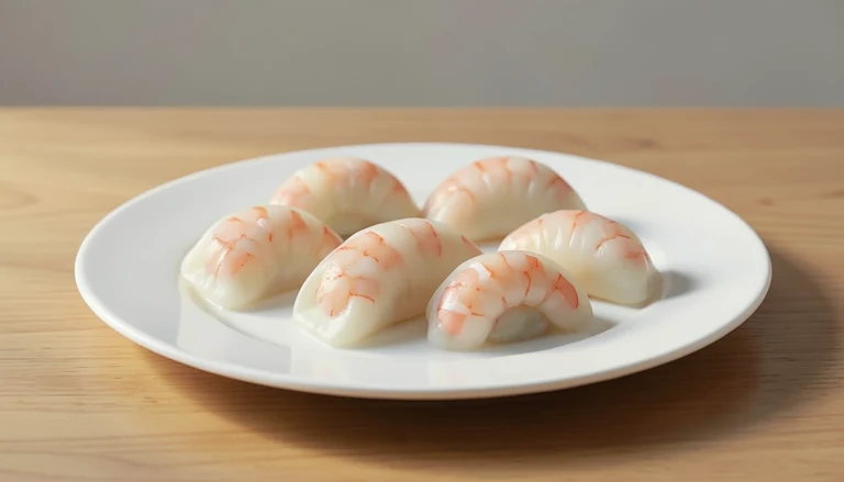 AI illustration of closed crescent-shaped translucent shrimp dumplings on a plate