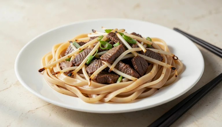AI illustration of wok-fried wide rice noodles with sliced beef, bean sprouts and scallion