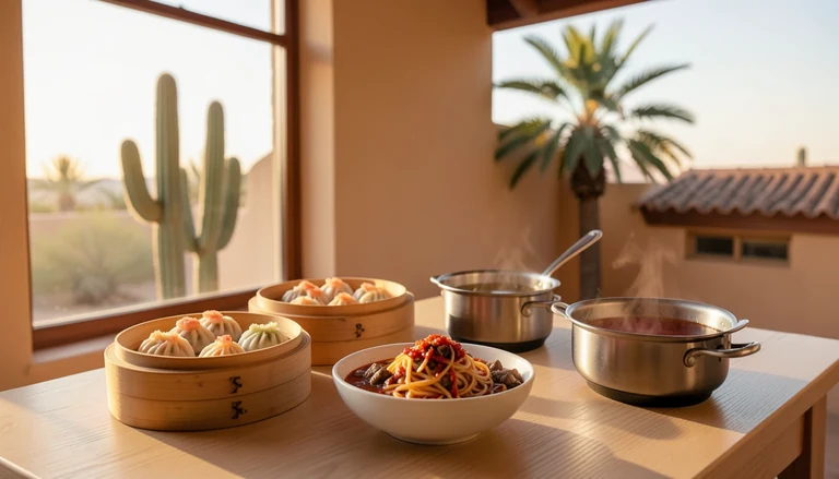 AI illustration of An imagined shared Chinese table in warm evening light: bamboo steamers of shrimp dumplings and siu mai, a bowl of hand-pulled beef noodles in red chili oil, a bubbling hot pot with sliced beef and vegetables, and a plate of Sichuan mapo tofu, with no restaurant signage.