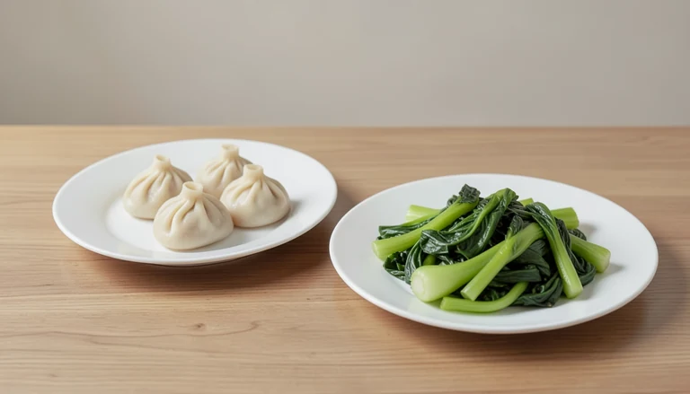 AI illustration of Generated food illustration of closed soup dumplings and sauteed bok choy.