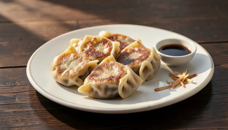 AI illustration of a plate of pan-fried pork dumplings with a golden crust