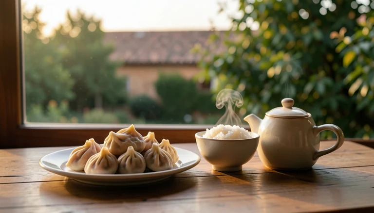 AI illustration of An imagined shared Chinese table: a plate of dumplings, a bowl of rice and a pot of tea in warm evening light, with no restaurant signage.
