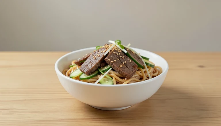 AI illustration of cooked beef slices and noodles with cucumber and bean sprouts