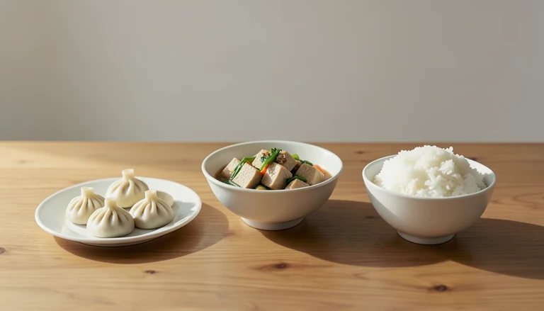 AI illustration of Illustration of closed pleated dumplings beside tofu and vegetables and rice.
