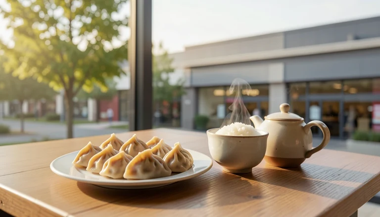 AI illustration of An imagined shared Chinese table: a plate of dumplings, a bowl of rice and a pot of tea in warm evening light, with no restaurant signage.