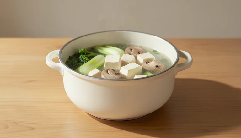 AI illustration of tofu and vegetables in light broth