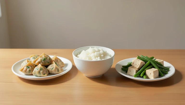 AI illustration of Illustration of dumplings, white rice and tofu with green beans.