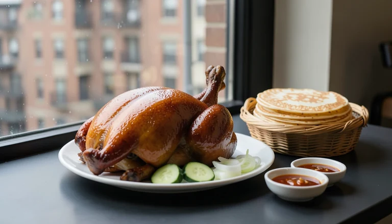 AI illustration of A round table of shared Chinese dishes, steamed dumplings and roast duck under warm restaurant light in a Chicago dining room