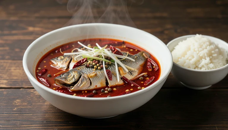 AI illustration of Sichuan boiled fish in red chili broth