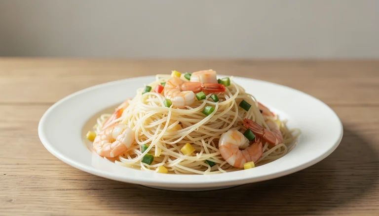 AI illustration of thin noodles with cooked shrimp and small vegetable pieces