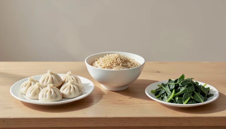 AI illustration of Illustration of a shared table with closed dumplings, noodles and cooked greens.