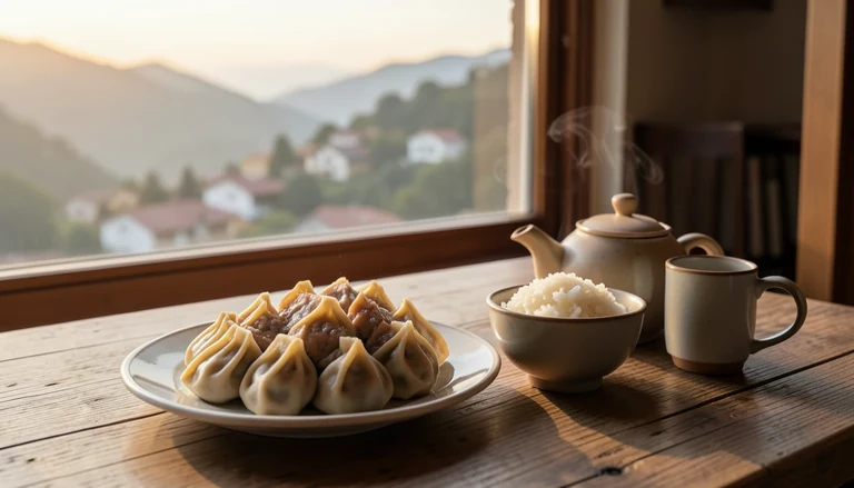 AI illustration of An imagined shared Chinese table: a plate of dumplings, a bowl of rice and a pot of tea in warm evening light, with no restaurant signage.
