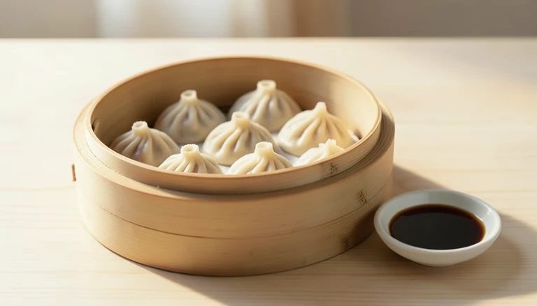AI illustration of a bamboo steamer of pleated pork dumplings