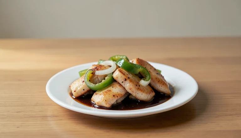 AI illustration of cooked chicken with green pepper and white onion in dark sauce