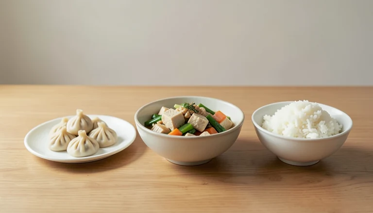 AI illustration of Illustration of closed pleated dumplings beside tofu and vegetables and rice.