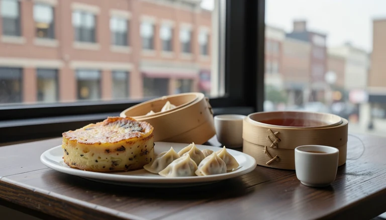 AI illustration of An imagined shared Chinese table in evening window light: a bamboo steamer of shrimp dumplings, a bowl of rice noodles, a plate of roast duck, and a dish of mapo tofu, with tea and chopsticks.